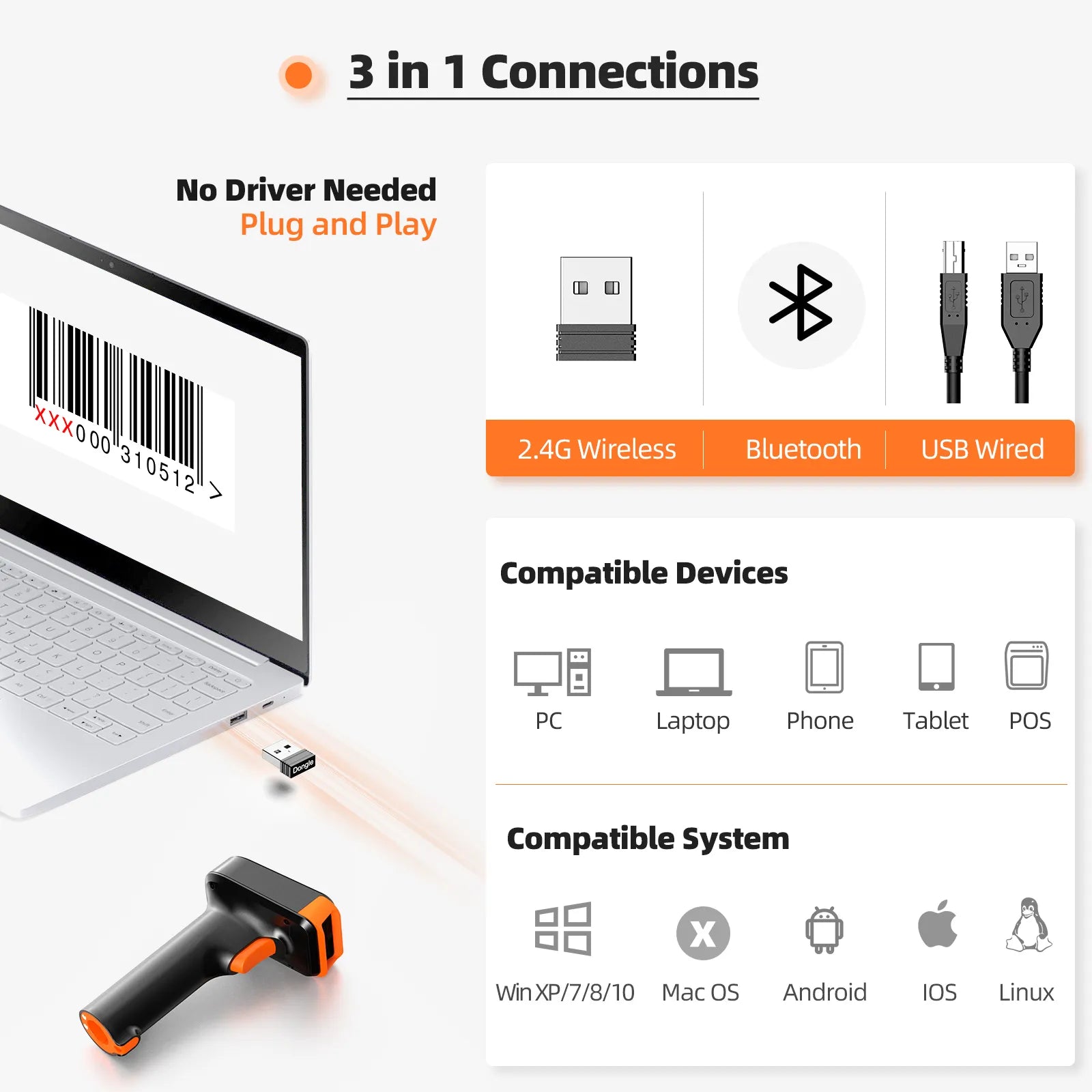 Eyoyo Bluetooth & USB Wired & 2.4G Wireless 1D/2D Barcode Scanner With Charging Base Support Windows Android iOS Computer Phone