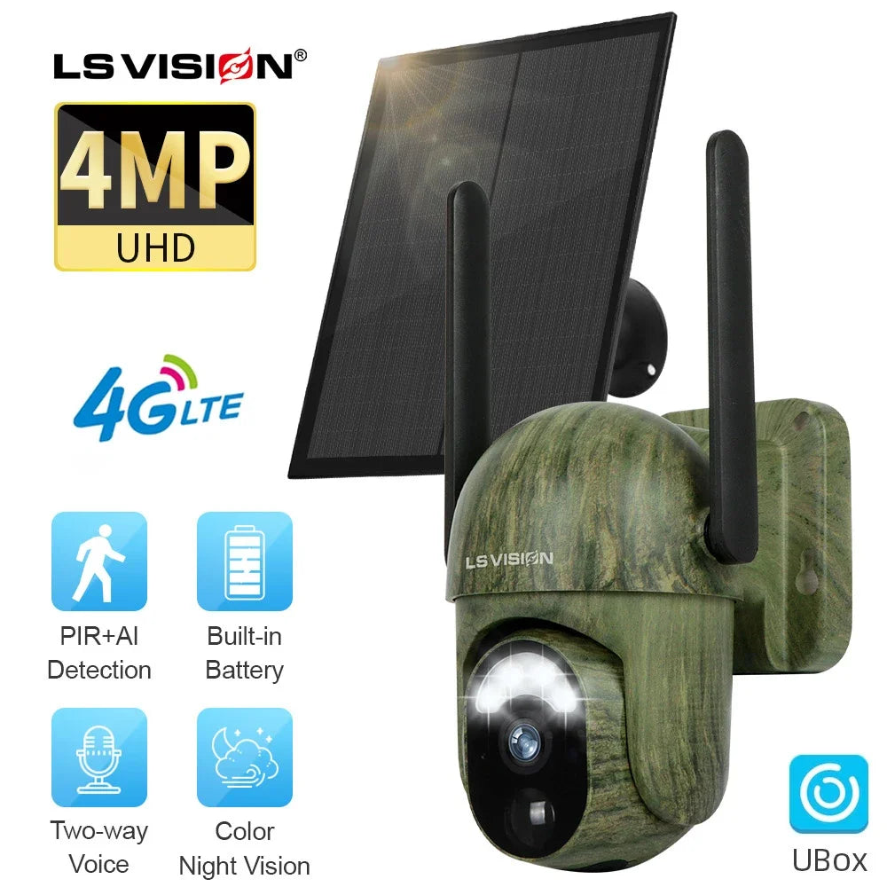 LS VISION 2K 4G Solar Security Camera Wireless Outdoor Human/Animal Detection Color Night Vision IP66 Waterproof Wildlife Camera