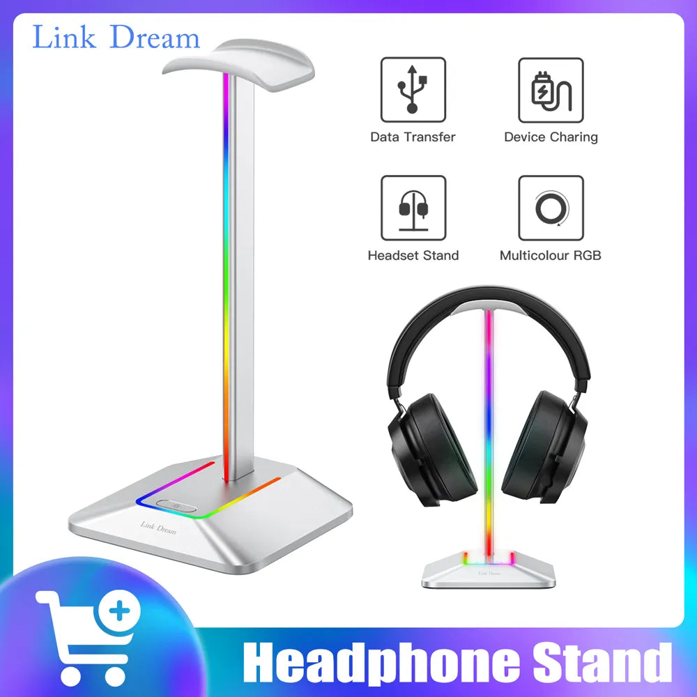 Link Dream RGB Headphone Stand with Type-c USB Ports Headphone Holder Gaming Headsets Stand Earphone Accessories Hanger Silver