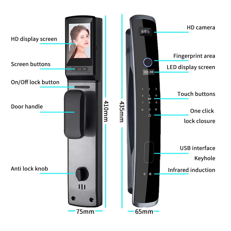 3D Facial Recognition App WIFI Password Fingerprint Card Portable Visual Doorbell Monitoring Camera Electronic Door Lock