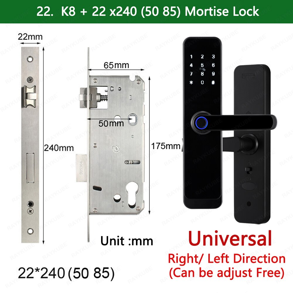 2023 NEW RAYKUBE K8 Tuya Wifi Smart Door Lock TT Lock Fingerprint Lock Digital Electric Lock With Longer Larger Handle Panels