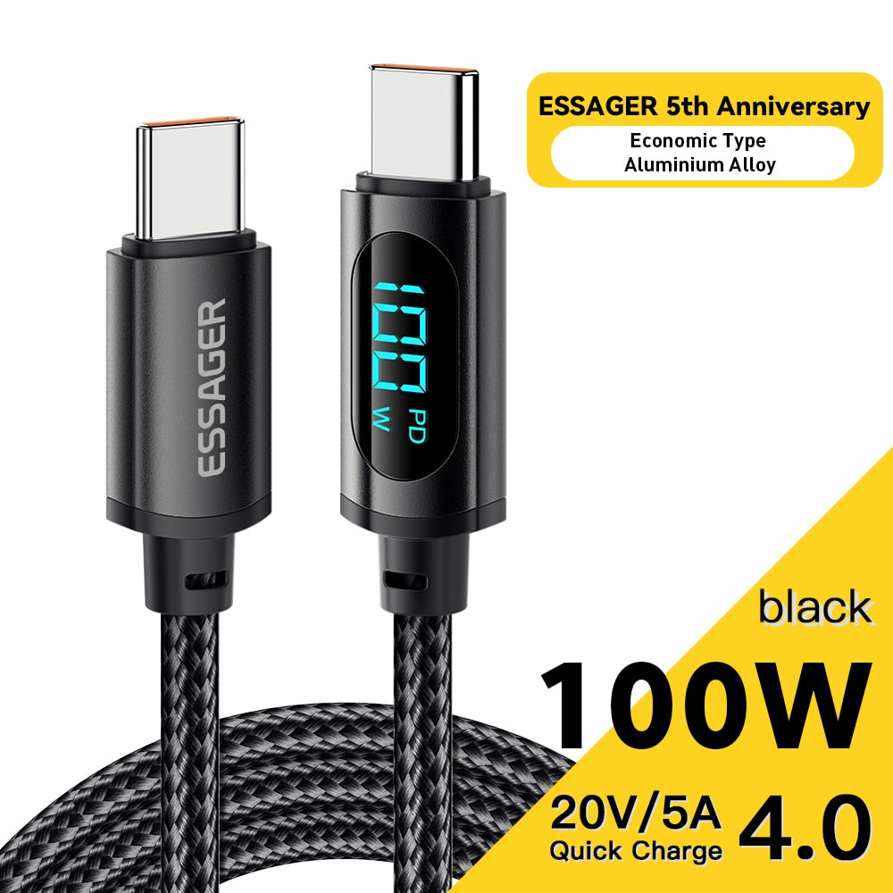 Essager USB Type C To USB C Cable 100W/5A PD Fast Charging Charger Wire Cord For Macbook Xiaomi Samsung Type-C USBC Cable  2M