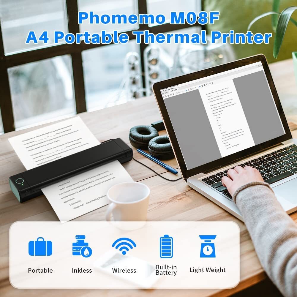 EQUITPER Bluetooth Printer Small Mini Homework Test Paper Ink-free Office portable HD A4 Thermal Printer Error/document printer