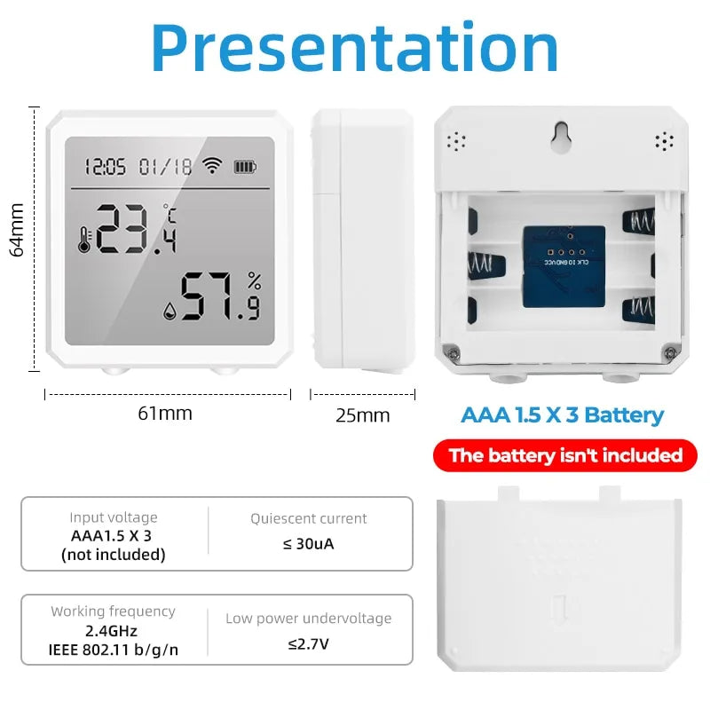 ONENUO Tuya Zigbee Temperature and Humidity Sensor with LCD Screen Digital Display Wireless Thermometer Work with Alexa Google