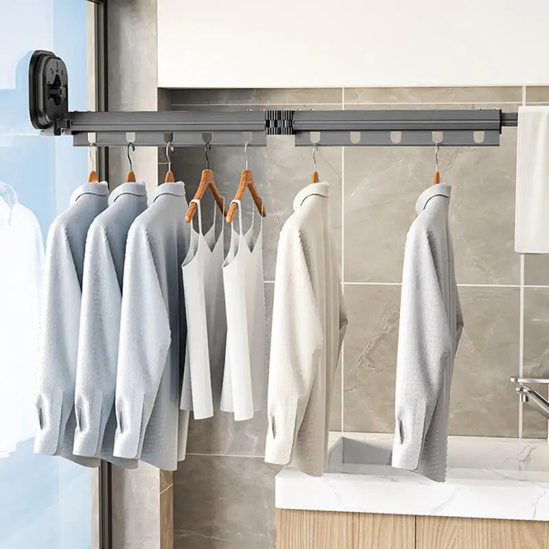 Suction Wall Mount Folding Clothes Drying Rack With Retractable Suction Cup Extension Pole Reusable 3-Fold Clothes Drying Rack