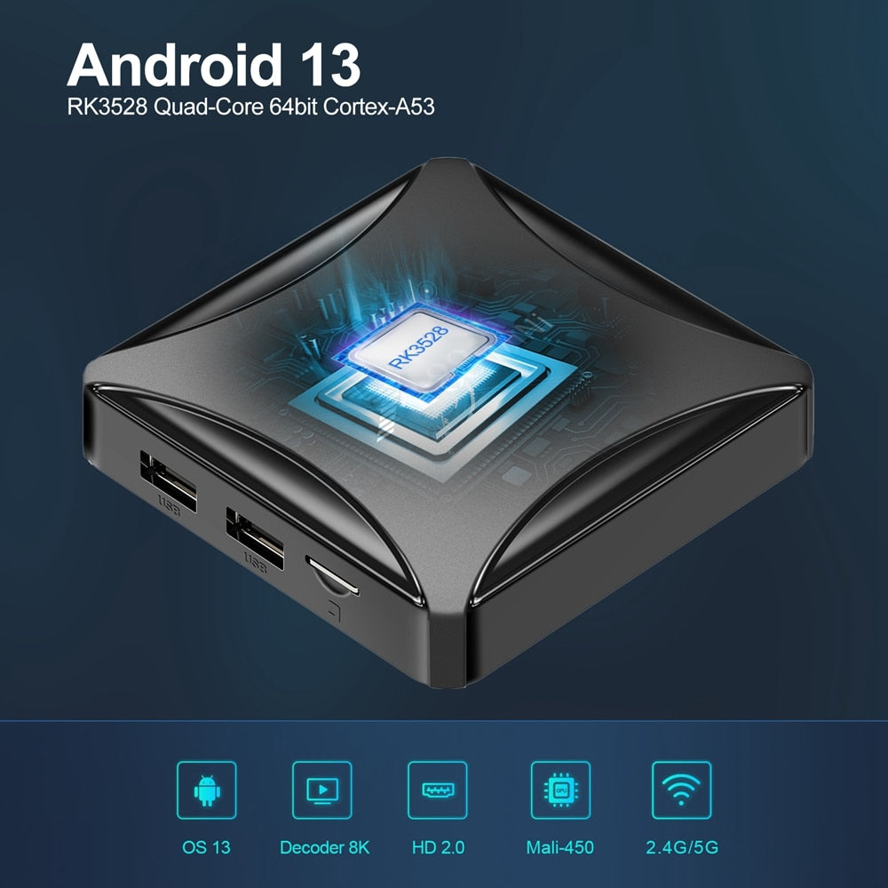 X88 Mini 13 Android 13.0 TV Box RK3528 Quad Core 2G/16G 4G/32G 2.4G 5G Dual WIFI H.265 8K UHD Youtube Smart Media Player