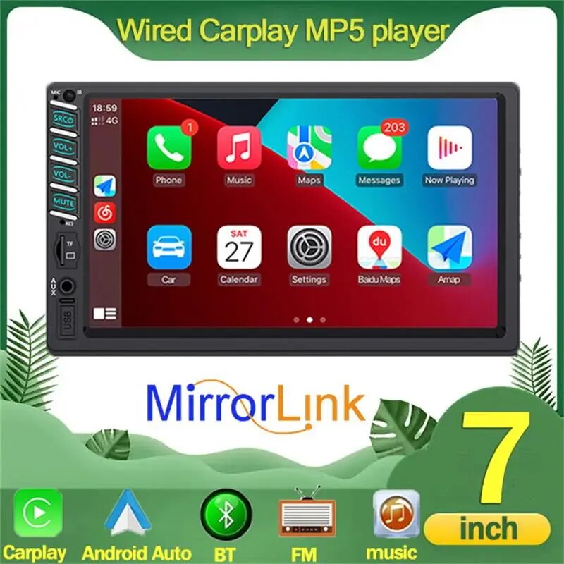 7Inch Touch HD Screen Carplay MP5 Player Car Multimedia Stereo Carplay Android Auto Radio USB BT TF Card 12LED HD Reverse Camera