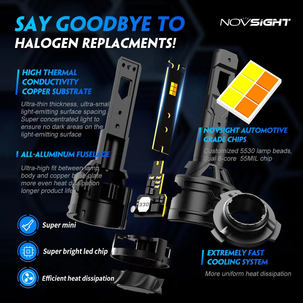 NOVSIGHT 9005 HB3 Led H7 6500K 4300K 3000K 3 Color Headlight H4 H11 H8 H9 9006 HB4 9012 Car Headlight Bulbs 60W 13000LM Car Lamp