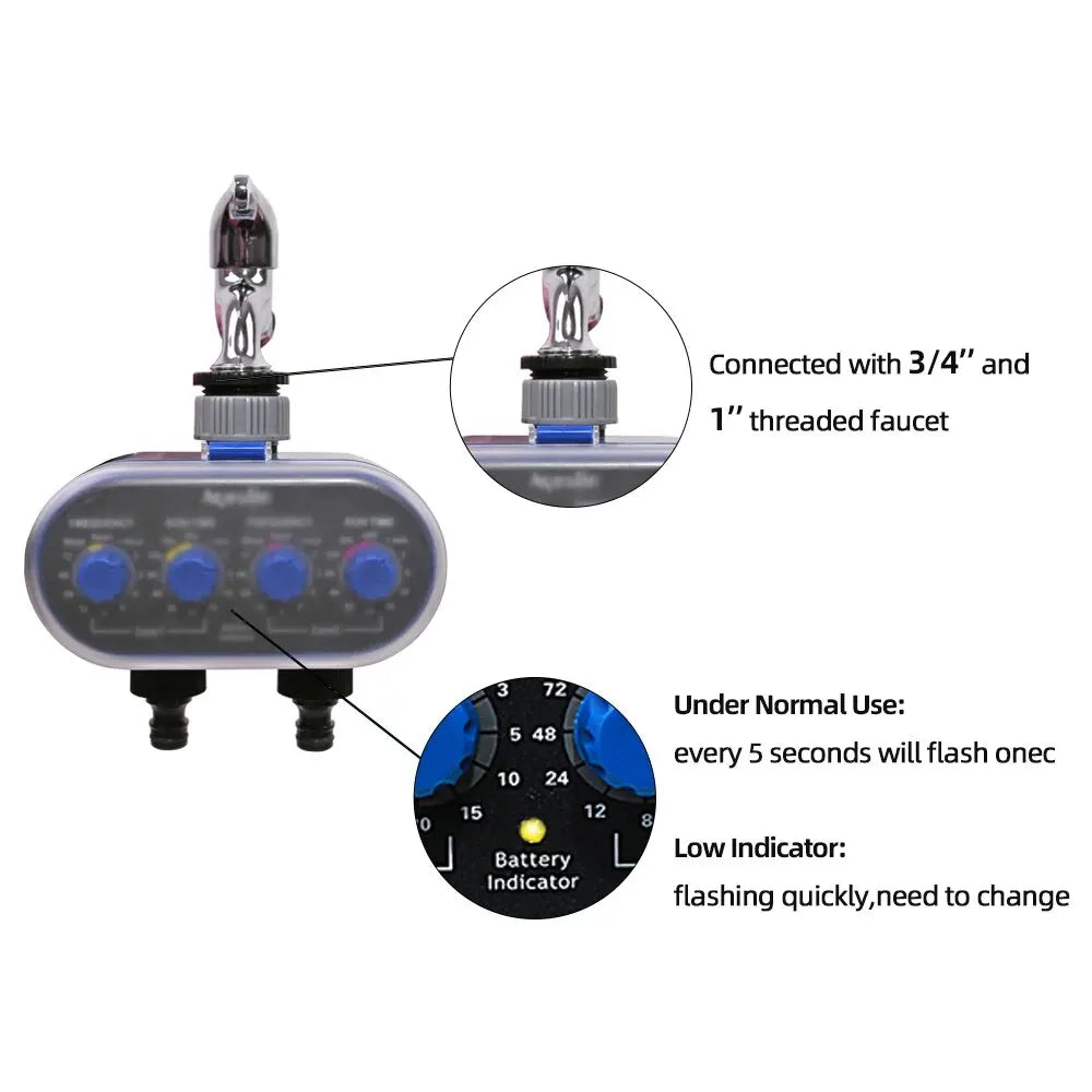 Ball Valve Two Outlet Automatic Watering Four Dials Water Timer 0 Pressure Garden Irrigation Controller for Garden, Yard