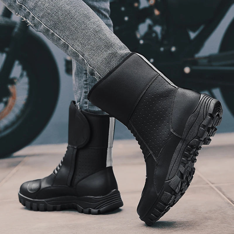 Motorcycle Riding Leather Boots for Men and Women Outdoor Botas Motocross Winter Black Thick Soled Plush Knight Boots