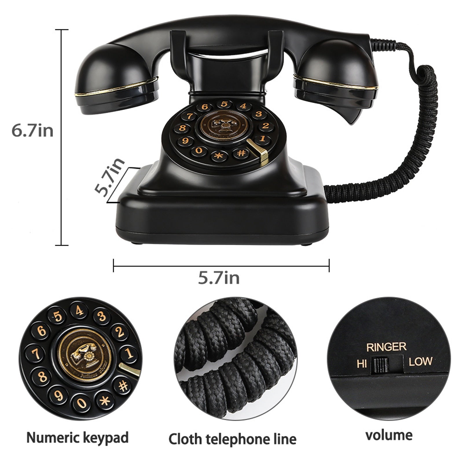 Corded Phone Old Fashioned Landline Phones Volume Adjustment Function with Mechanical Bell Button Dial for Home Decorations