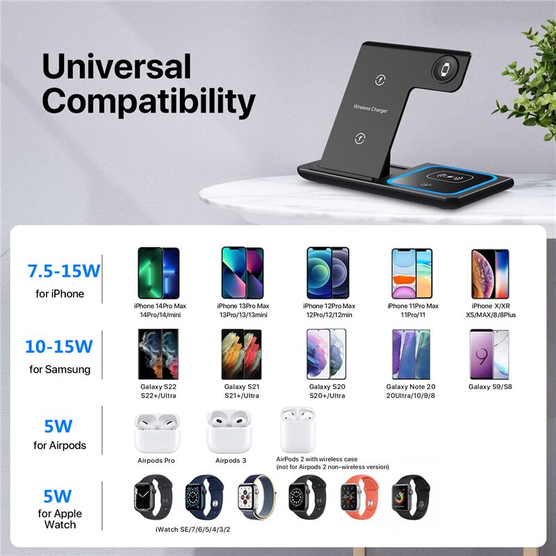 3 In 1 Wireless Charger Stand Pad For iPhone 14 13 12 11 X Apple Watch 8 7 Airpods Foldable 15W Phone Fast Charging Dock Station