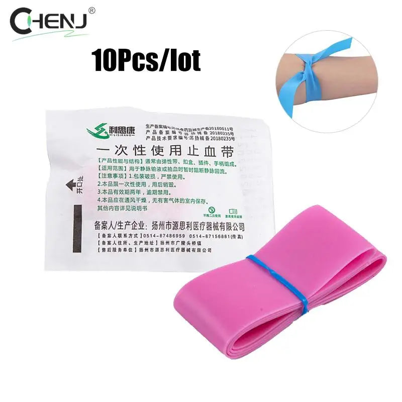 New 10pcs Disposable Tourniquet Pink Elastic Belt First Aid Kit Product Medical Rubber Disposable Tourniquet