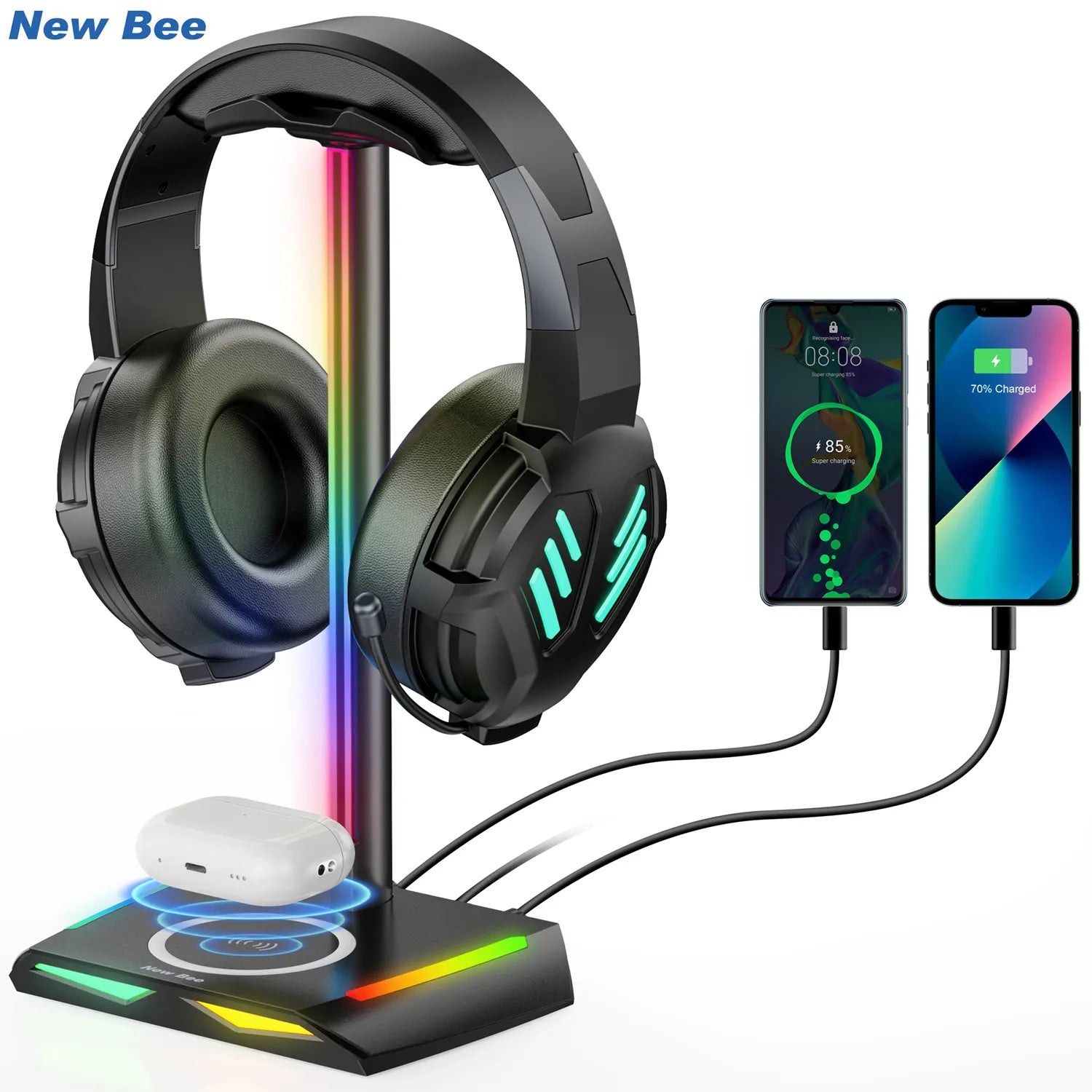 New Bee Z12 RGB Headphones Stand Holder with Wireless Charger Base Desk Gaming Headset Holder Non-Slip Rubber Base