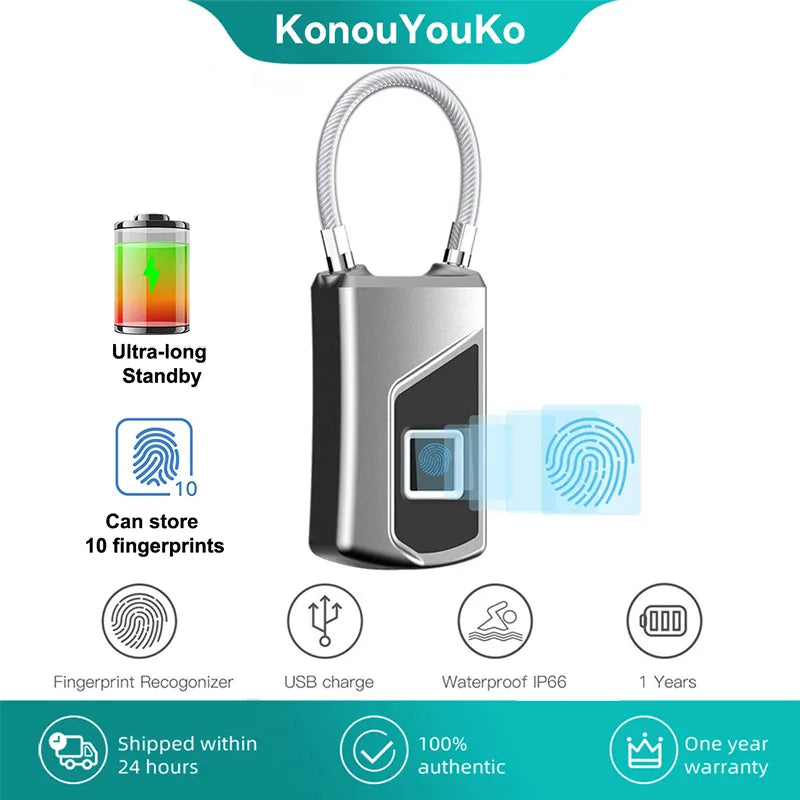 Biometric Padlock keyless Waterproof Fingerprint Lock Smart Locks Anti-theft Fingerprint Padlock for Gym Home Backpack Bike