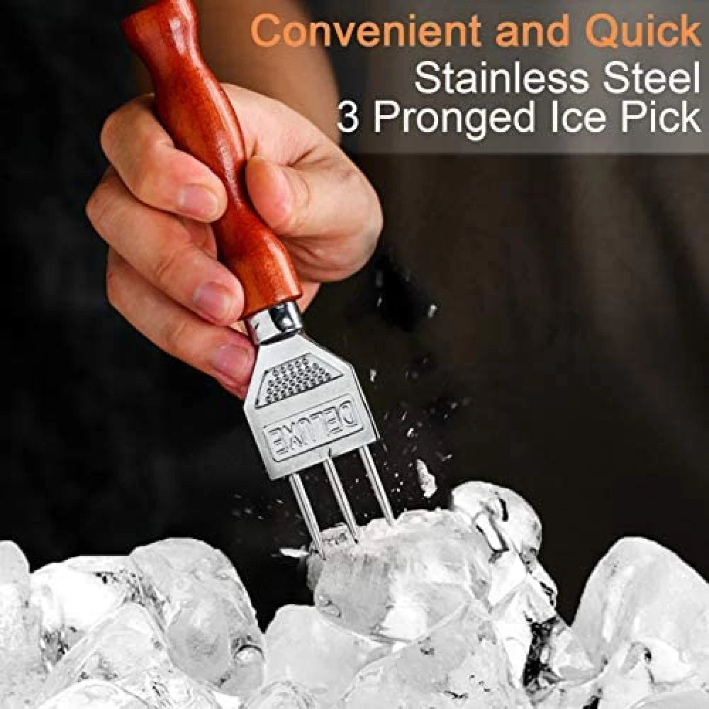 NONE Ice Pick 304 Stainless Steel Ice Crusher with Wood Handle Three Pronged Japanese Style Ice Chipper for Cocktail Bartender