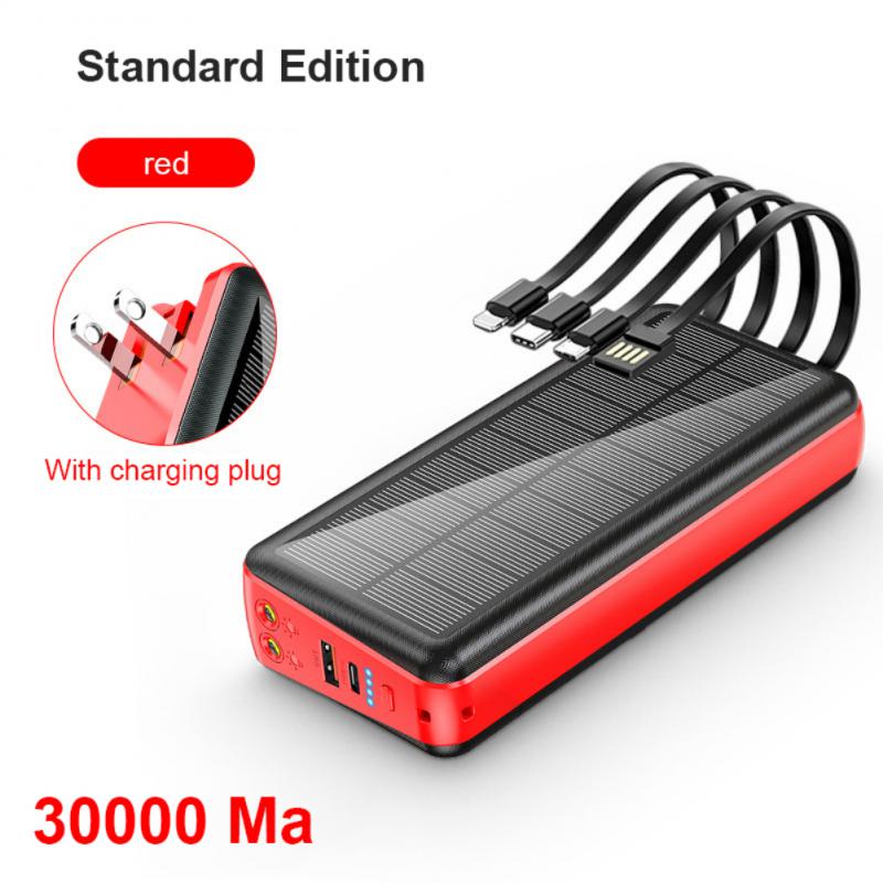 4 Usb Ports External Battery 30000mah Fast Charger 22.5w Top Solar Power Bank For Iphone 13 Samsung Built In Cable Plug