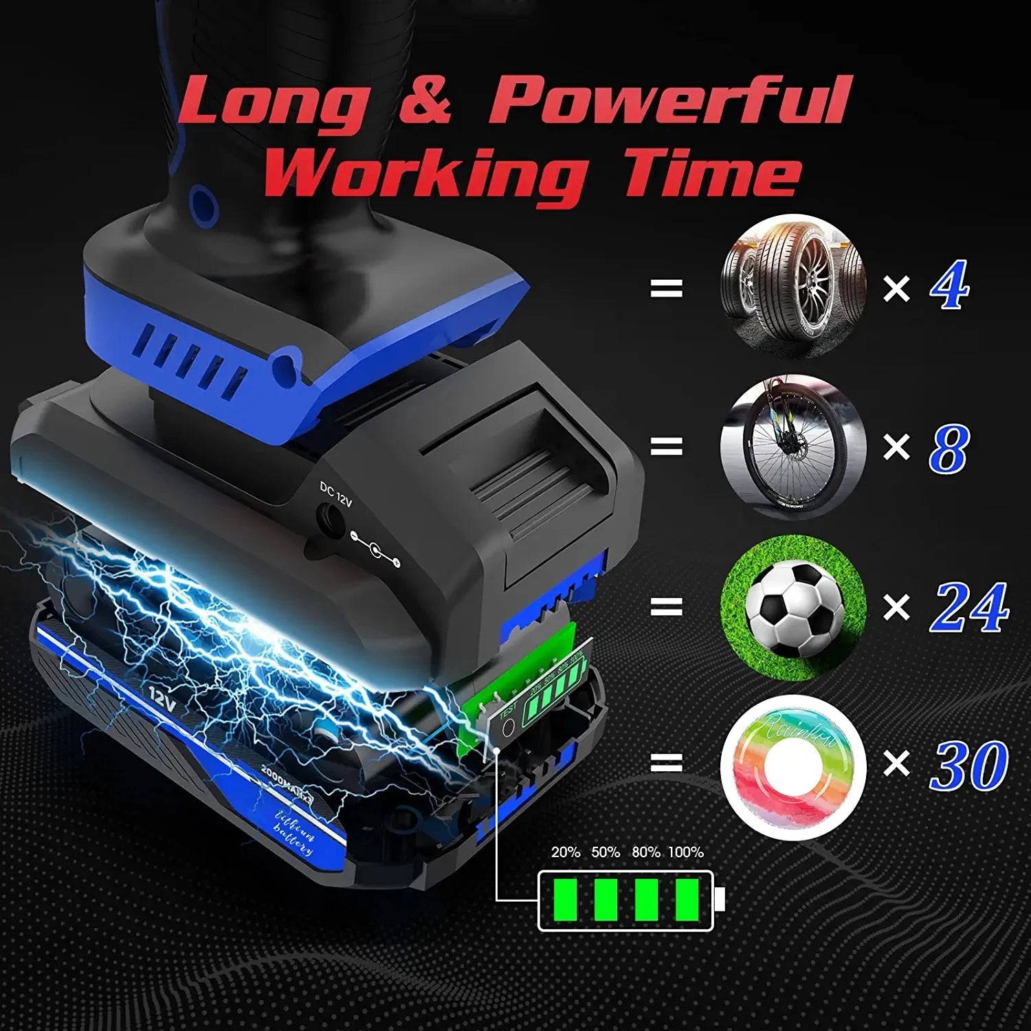 2000mAh x3 Battery Air Compressor Handheld 12V Electric Air Pump For Car Motorcycle Bicycles Red Travel Portable Tire Inflator
