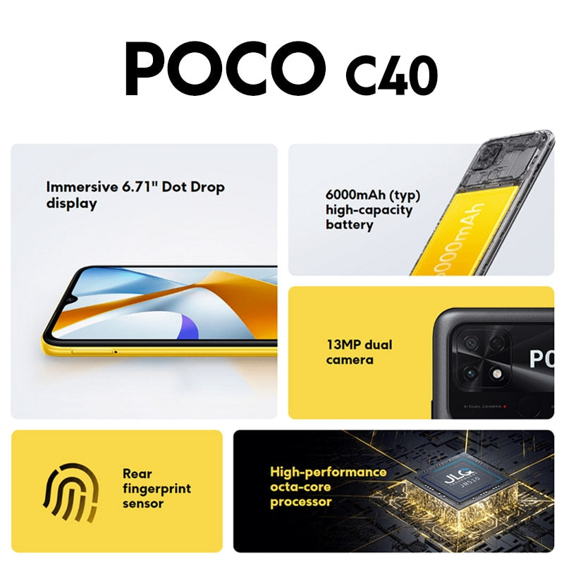 New Global Version POCO C40 3GB 32GB / 4GB 64GB Smartphone 6000mAh battery 6.71”Display JLQ JR510 Octa-core CPU 13MP main camera