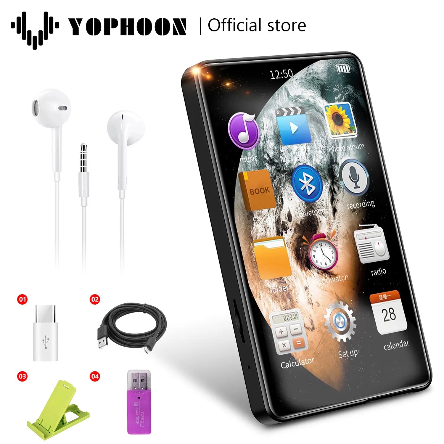 Yophoon 4 Inch HD Mp3 Mp4 Player Full Touchscreen Bluetooth 5.0 Walkman 16GB Built-in Speaker Music Player FM Radio Record Ebook