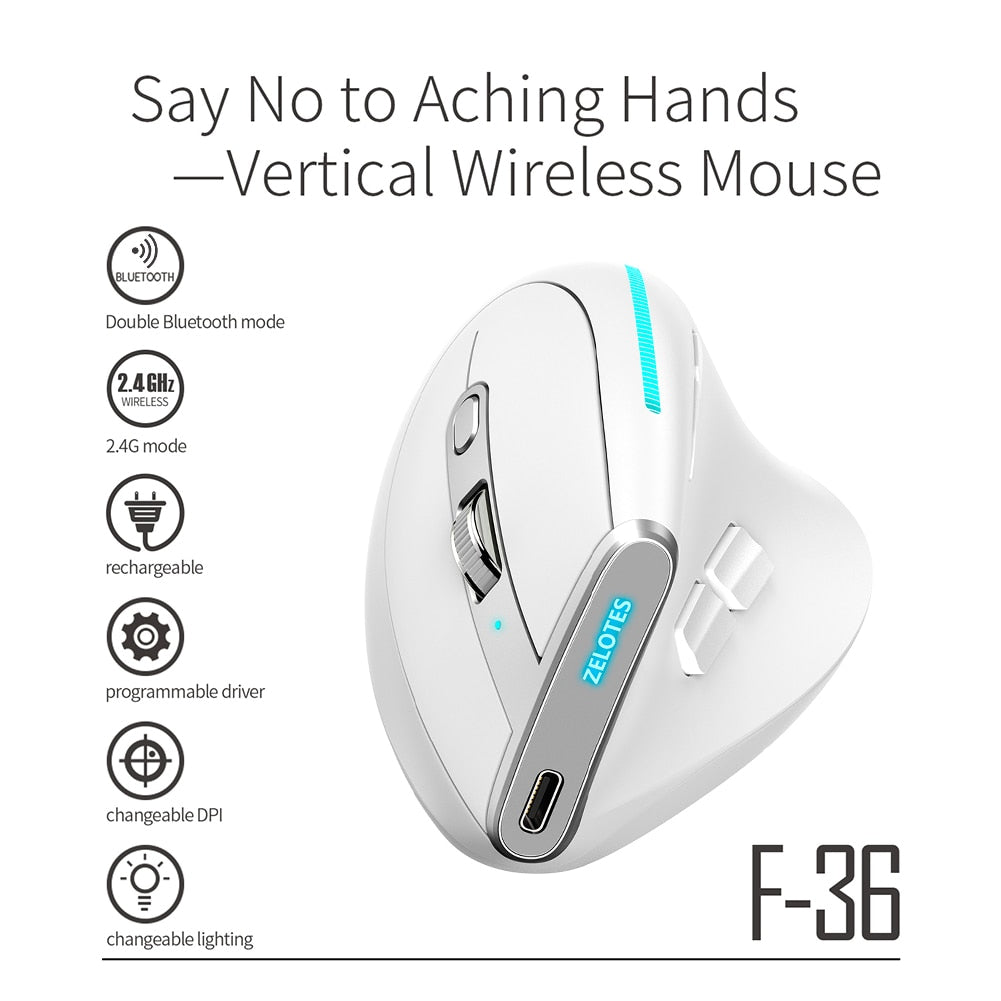 ZELOTES F-36 Wireless Vertical 2.4G Bluetooth Mouse Full Color Light 8 key Programming 2400DPI Game Mouse 730mah lithium battery