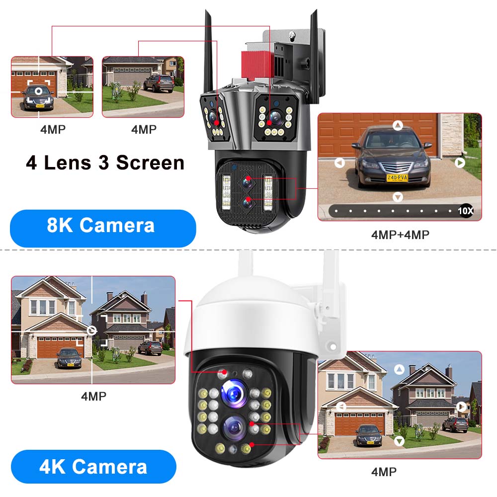 16MP 8K WiFi IP Camera 10X Zoom 4K Outdoor Security Camera Surveillance AI Track Four Lens Three Screen Mini Street Camera 360°