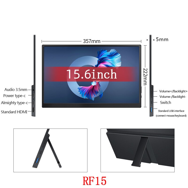 14/15.6 Inch 1920x1080p Portable Monitor 100%sRGB 350Nit with Hidden Stand Ultra Light Extended Display Gaming Screen for Laptop