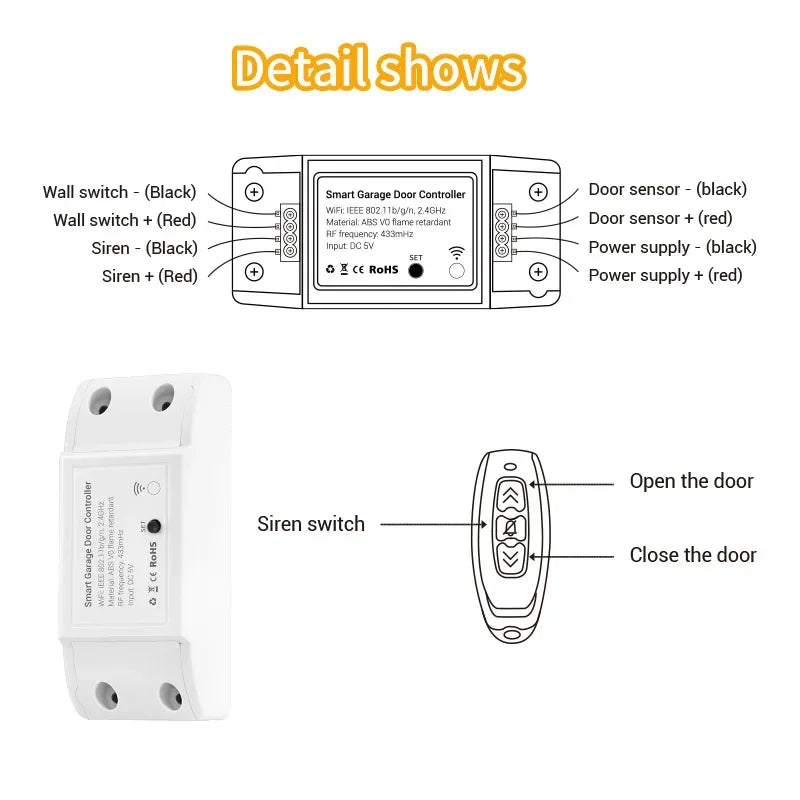 Tuya WiFi Smart Garage Door Opener Controller Siren Horn Alarm RF 433 Remote APP Control Works with Alexa Google Home Siri
