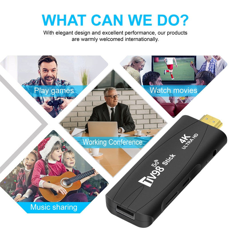 TV98 RK3228A Android OS Smart TV Stick HDR10+ 4K 2.4/5.8G WiFi 6 Dual Frequency TV Box Android 7.1 2G+16G Portable Media Player