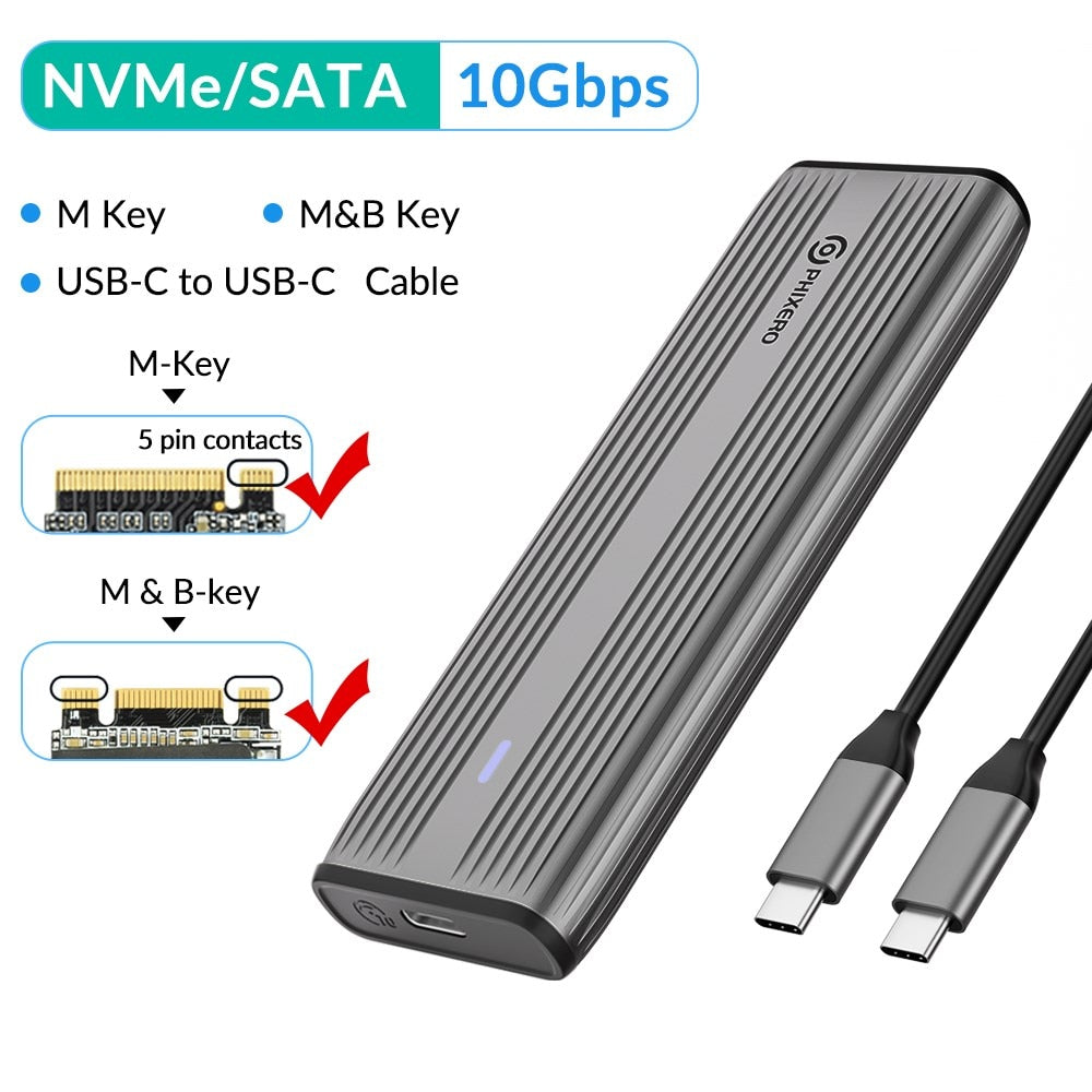 PHIXERO 10Gbps Dual Portocol SSD NVMe M.2 Enclosure SSD to USB Adapter NGFF SATA External Case Type C HD Storage Box for PC Mac