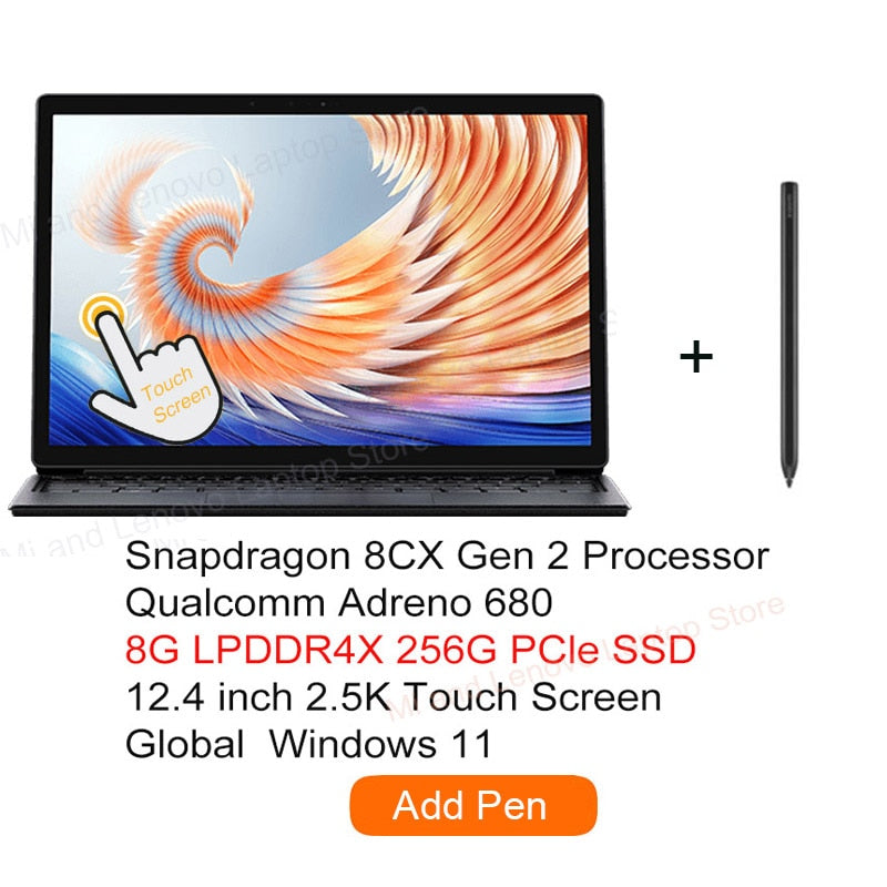 Xiaomi Book 12.4 Notebook Snapdragon 8CX Gen 2 Qualcomm Adreno 680 8G+256G SSD 2.5K Touch Screen 2 In 1 Laptop Tablet+Keyboard