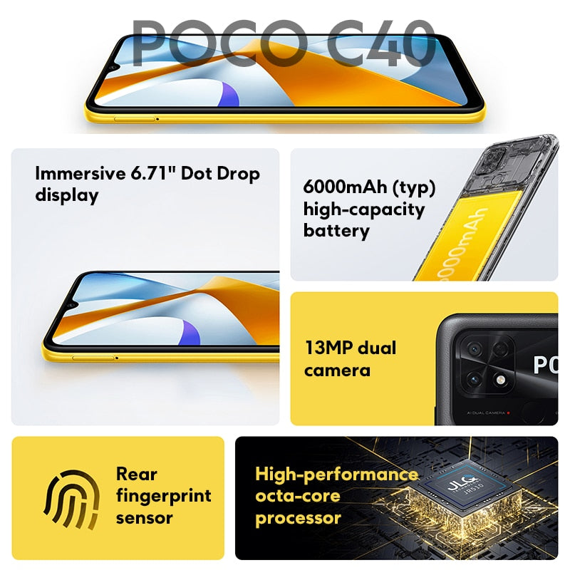 POCO C40 32GB/64GB Global Version 6.71" DotDrop Display 13MP Dual Camera 6000mAh Battery Octa Core CPU