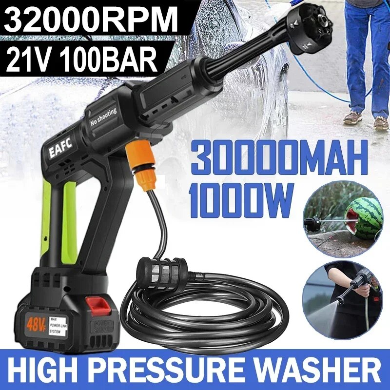 1000W Brushless High Pressure Electric Car Washer Gun 100BAR 30000mAh Wireless Car Wash Water Gun Washing Machine for Auto Home