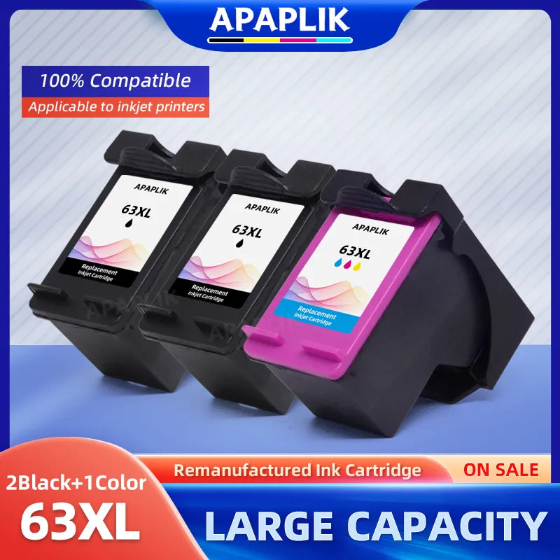 APAPLIK 3PACK Ink Cartridge 63XL Compatible For HP 63 Ink Cartridge Deskjet 2130 2131 3630 4250 5230 5232 5255 3632 3633 Printer