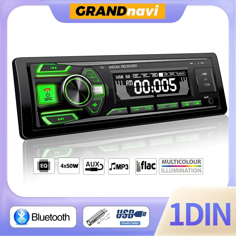 Grandnavi 1 Din FM Car Radio Audio Stereo Aux Input Receiver TF SD USB 12V In-dash MP3 Bluetooth Multimedia Auto Radio Player