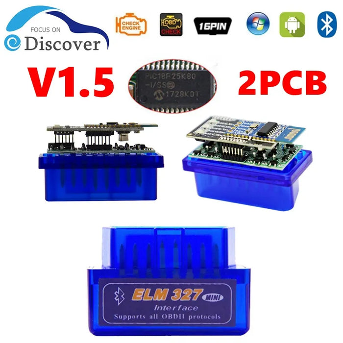 Bluetooth ELM327 Auto V1.5 Dual Double 2PCB PIC18F25K80 chip MINI Inter Face Check V1.5 For 1992-2021 Car Diagnostic Tool