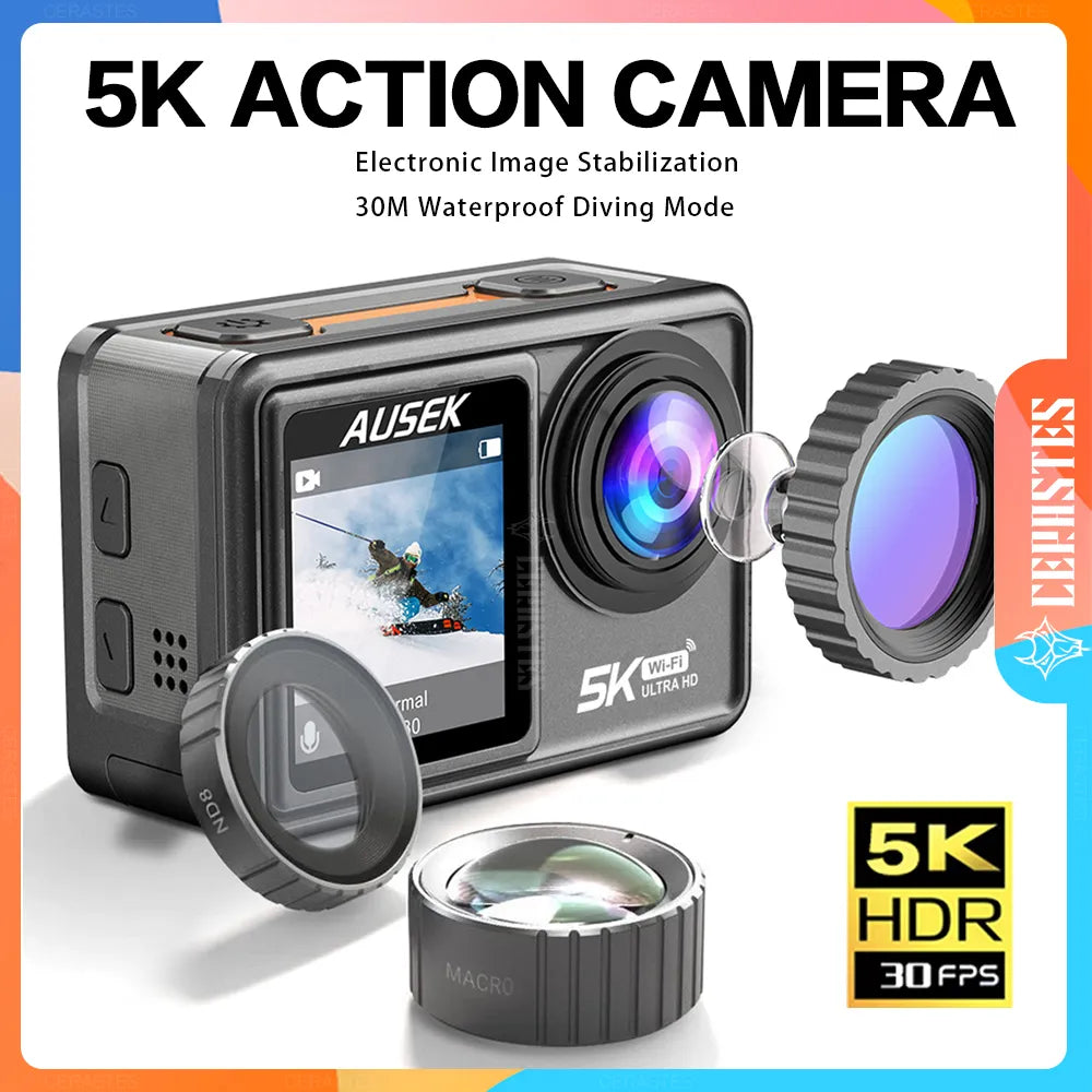 CERASTES Action Camera 5K 4K 60FPS EIS Interchangeable Lens 48MP Zoom Electronic Stabilizer Camera WiFi Action Camera for Vlog