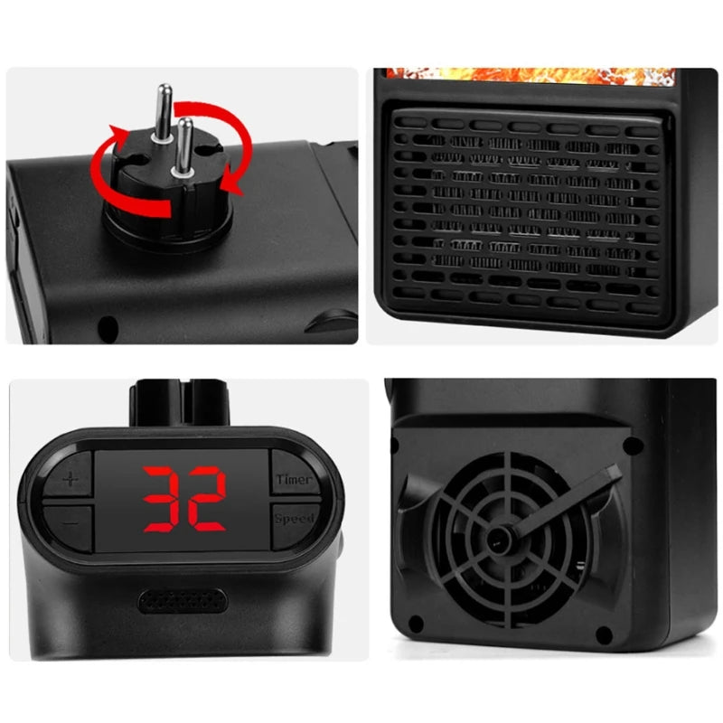 Small Portable Ceramic Space Heater Electric Heater Fan Thermostat Control Fireplace Heater with Realistic Flames 900W
