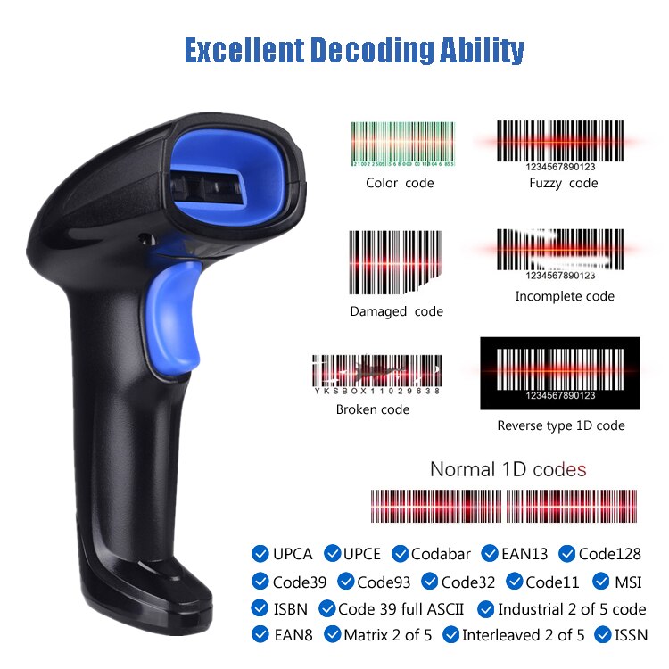 Hot Selling Handheld Wirelress 2.4G Barcode Scanner RS232 Wired USB 1D/2D QR Bar Code Reader PDF417 for IOS Android Windows