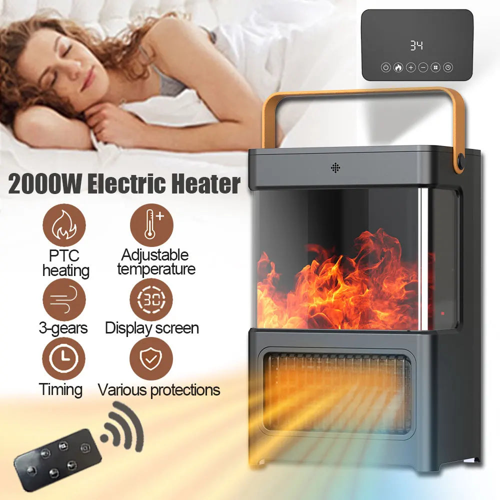 Electric Heater Fireplace Light 2000W Portable Heater Fan, w/Display Screen Remote Control,PTC Heating, 3-speed Adjustable,Home