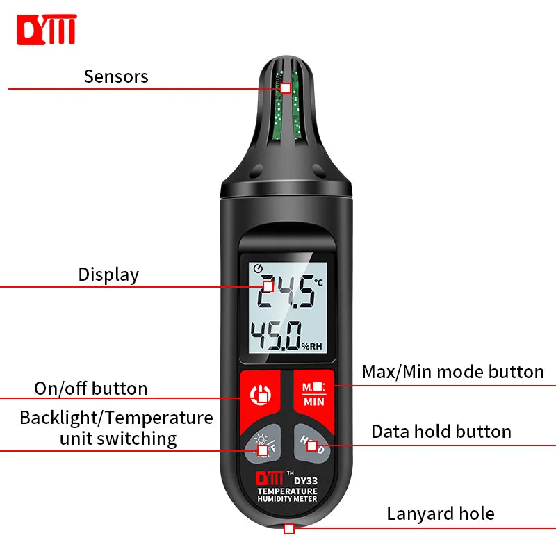 DY33 Digital Temperature Humidity Meter Thermometer Accurate Measurement Hygrothermograph Handle Type Hygrometer MAX/MIN Mode