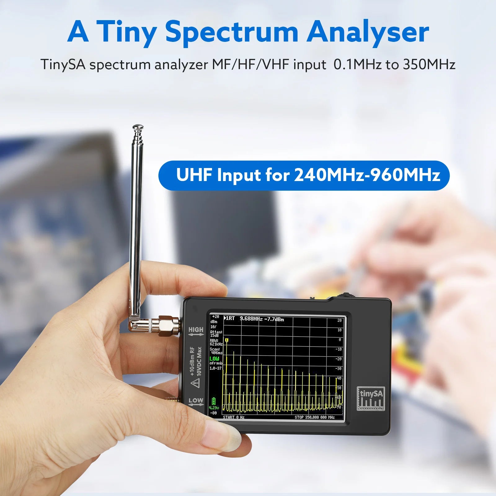 Hand held tiny Spectrum analyzer Upgraded TinySA 2.8" display 100kHz to 960MHz with ESD proteced Version V0.3.1_E