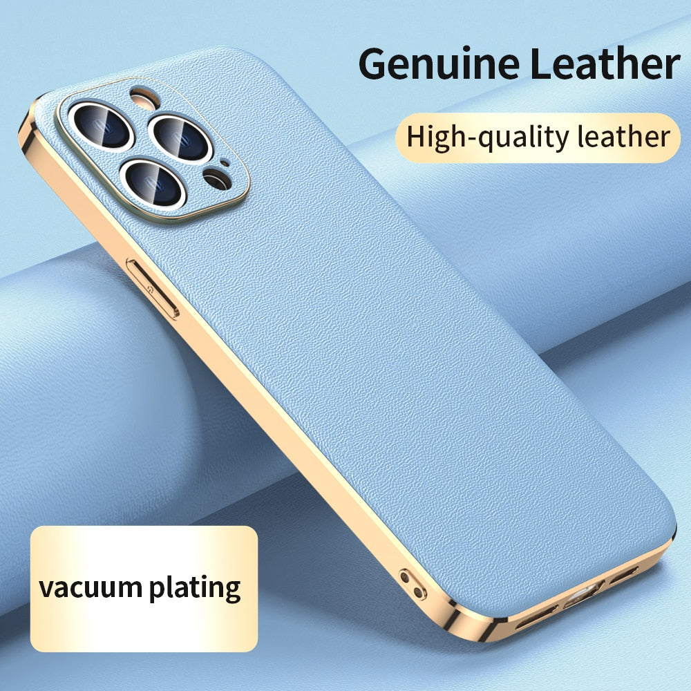 LNAGSIDI Luxury Plating Genuine leather Case For iPhone 14 Pro Max 14 Plus 11 12 13 Pro Cases Lens Protection Covers fundas capa