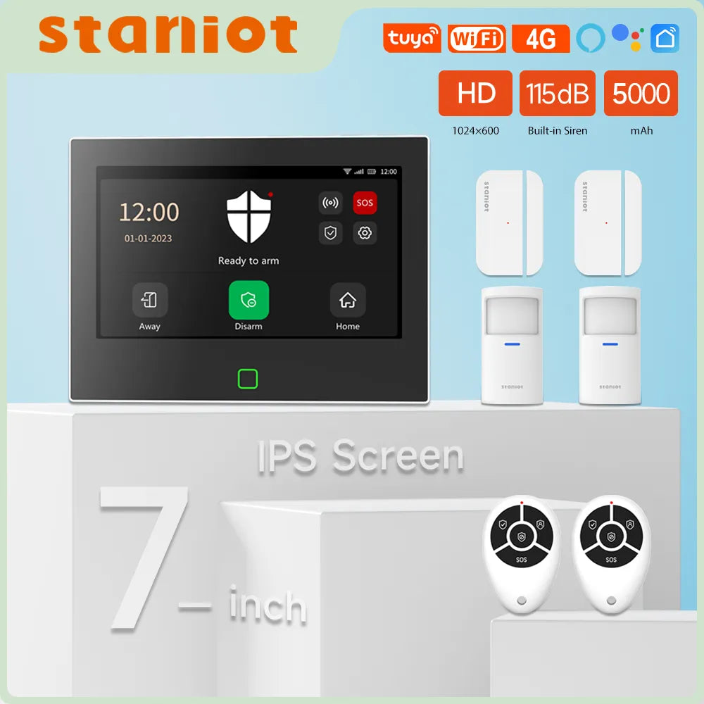 Staniot 7 inch Wireless WiFi 4G Tuya Smart Home Alarm System Support 8 Wired Zone Security HD Panel with 5-Year Entry Sensor