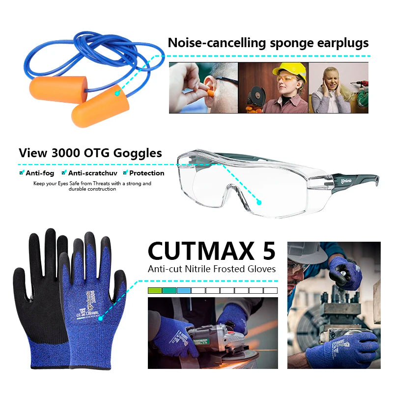 Andanda Work Protection Kit Cut Resistant Nitrile Gloves Anti Cut Gloves Noise Cancelling Ear Plugs And Safety Goggles