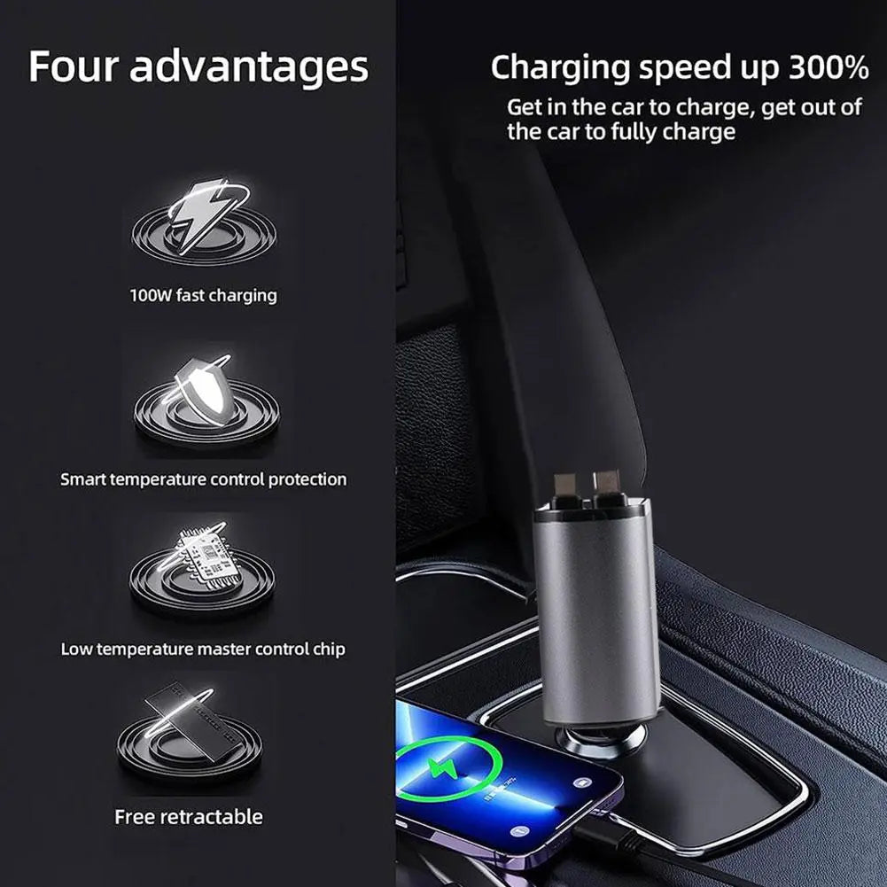100W Super Fast Charging Car Cigar Lighter 4 IN 1 Retractable Cord Cable Type Fast Cigarette C Charge Adapter Lighter I8N4
