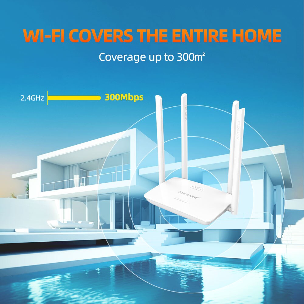 PIXLINK WR08 Wireless Wifi Router With 4 High Gain Antennas 300mbps 5ports RJ45 802.11N Easy Setup for Home White