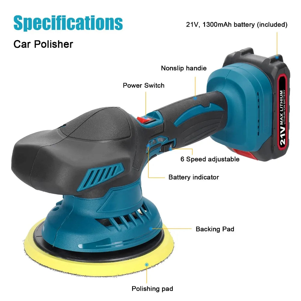 Electric Cordless Car Polisher 6 Gear Speed Adjustable 21V Electric Auto Polishing Machine Home Cleaning Waxing Sanding Machine