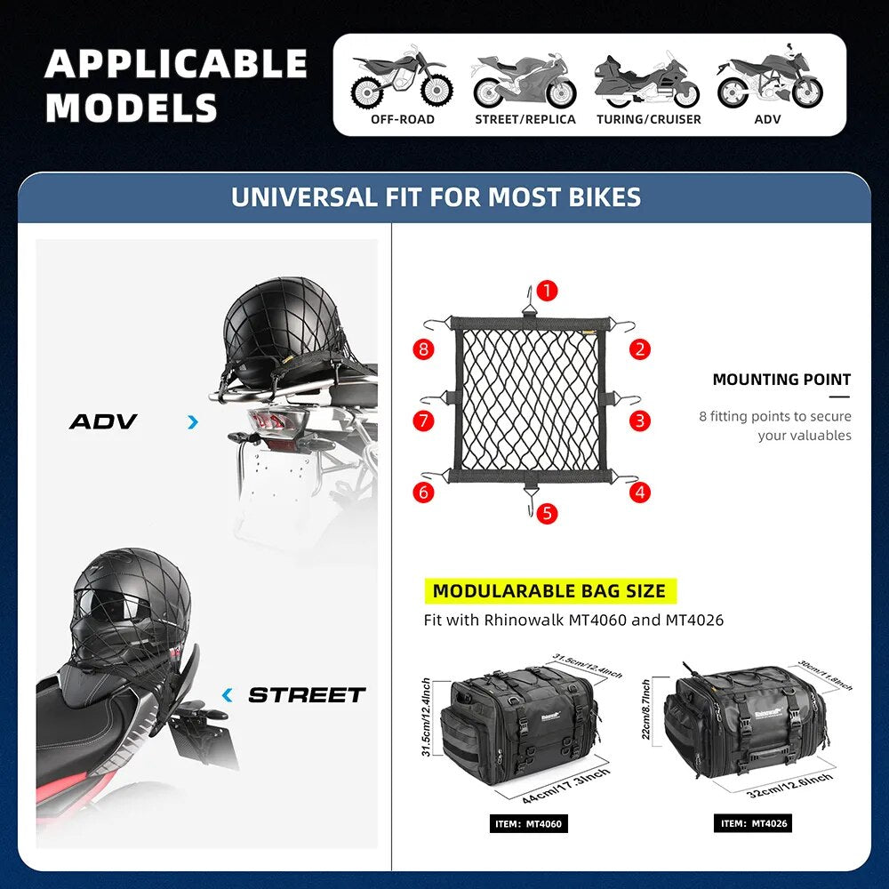 Rhinowalk Motorcycle Helmet Net Bag 8 Plastic/Metal Hooks Motorbike Luggage Trunk Bag Net Holder Mesh Storage Motor Accessories