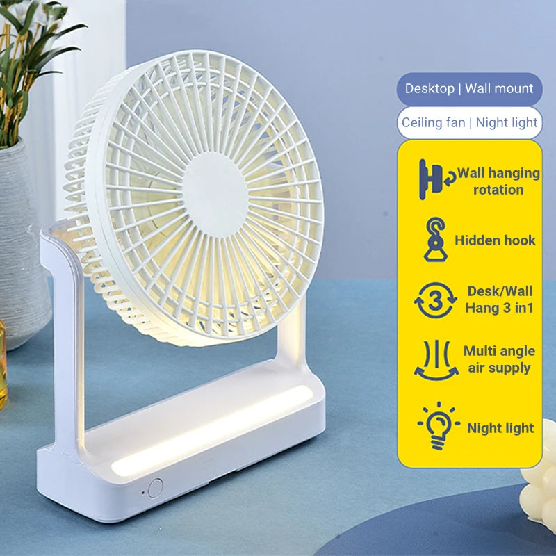 Home Study LED Lamp Wall Mounted Air Cooling Fan USB Rechargeable 3600mAh Portable Wireless Desktop Fan 3 Gear Wind Ventilator